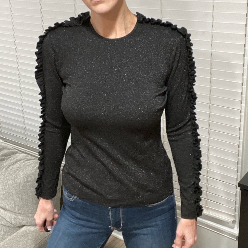 C&M Collection Black Sparkle Ruffle Sleeve Blouse SMALL
